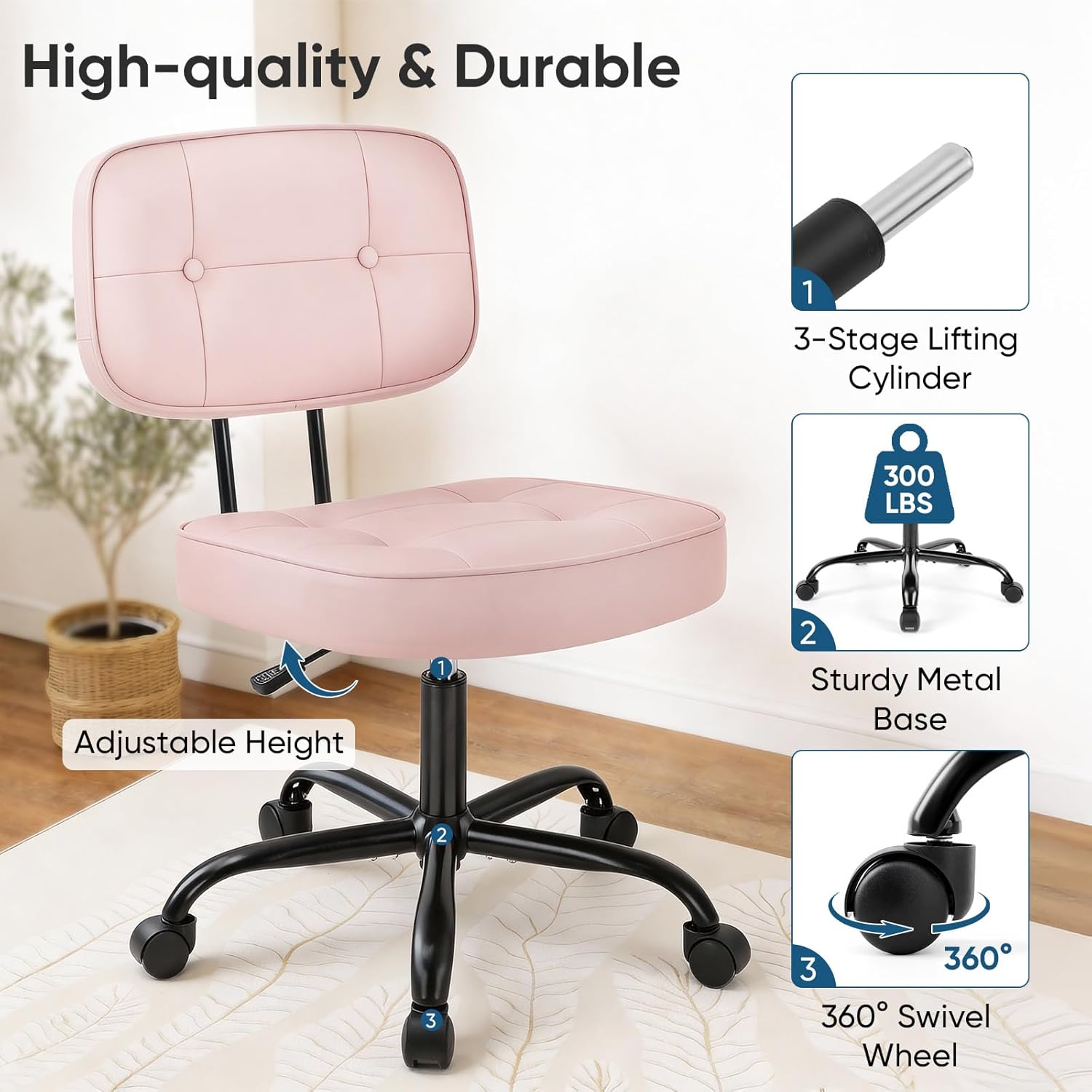 Home Office Desk Chair - Ergonomic Armless PU Leather Computer Rolling Task Chair??with Comfy Lumbar Support and Height Adjustable, Vanity, Bedroom, Pink