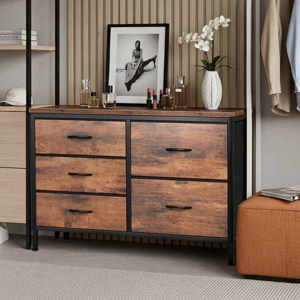 TV Stand for Bedroom with 5 Storage Drawers, Fabric Chest of Drawers with Metal Frame, Living Room Storage Organizers Units for Books, TV Stand and Hallway, Rust