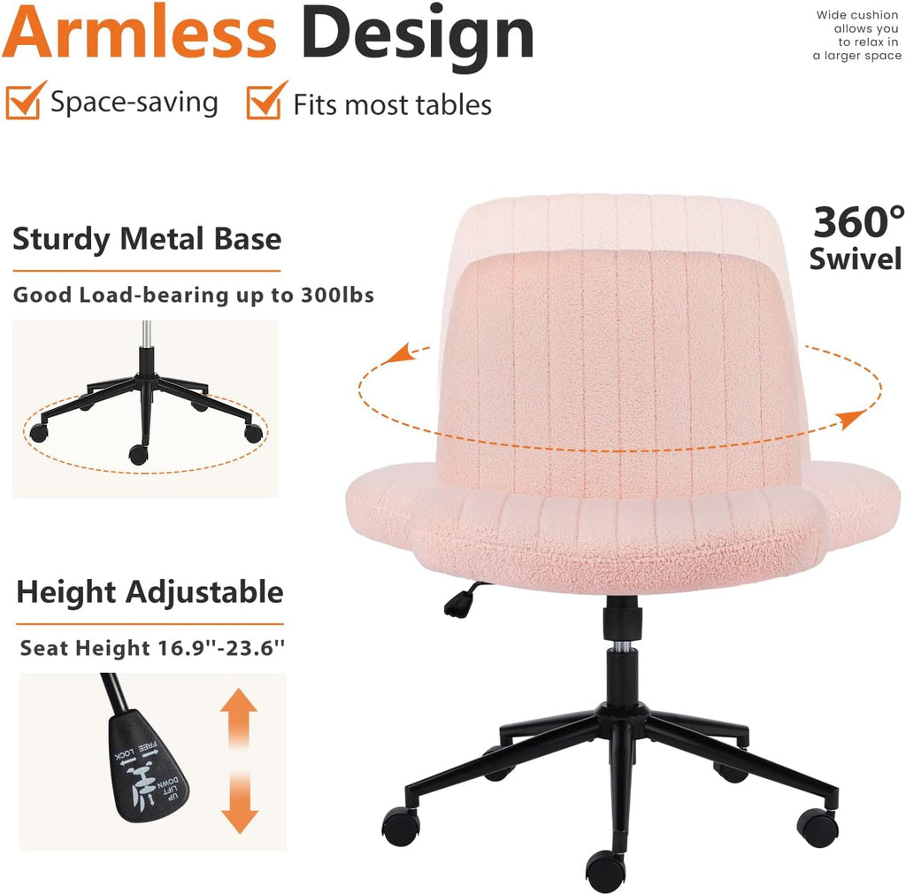 NEWBULIG Armless Office Desk Chair,Criss Cross Legged and Wide Padded Seat with Wheels, Adjustable Height and Tilted Angles,Swivel Rolling Task Vanity Chair for Bedroom,Peach Pink