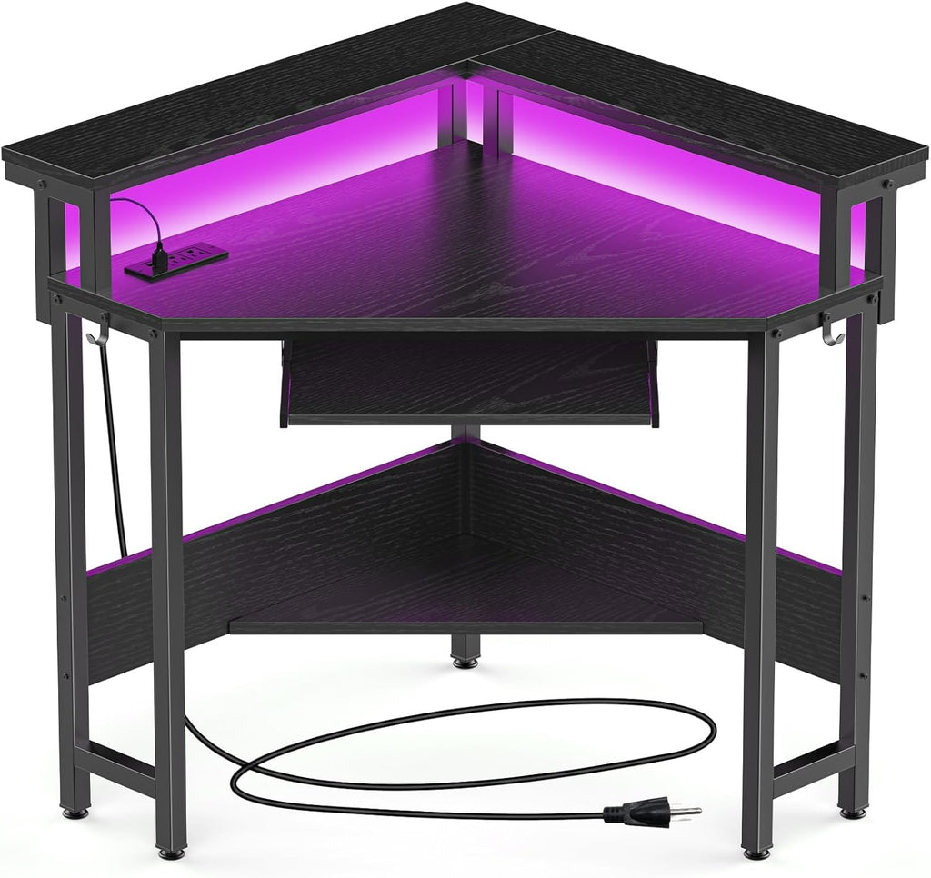 Conner Desk Home Office Computer Desk for Small Space with LED Lights Gaming Table with Storage Shelves Power Outlets Monitor Stand Keyboard Tray for Bedroom, Black