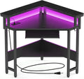 Conner Desk Home Office Computer Desk for Small Space with LED Lights Gaming Table with Storage Shelves Power Outlets Monitor Stand Keyboard Tray for Bedroom, Black