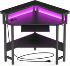 Conner Desk Home Office Computer Desk for Small Space with LED Lights Gaming Table with Storage Shelves Power Outlets Monitor Stand Keyboard Tray for Bedroom, Black