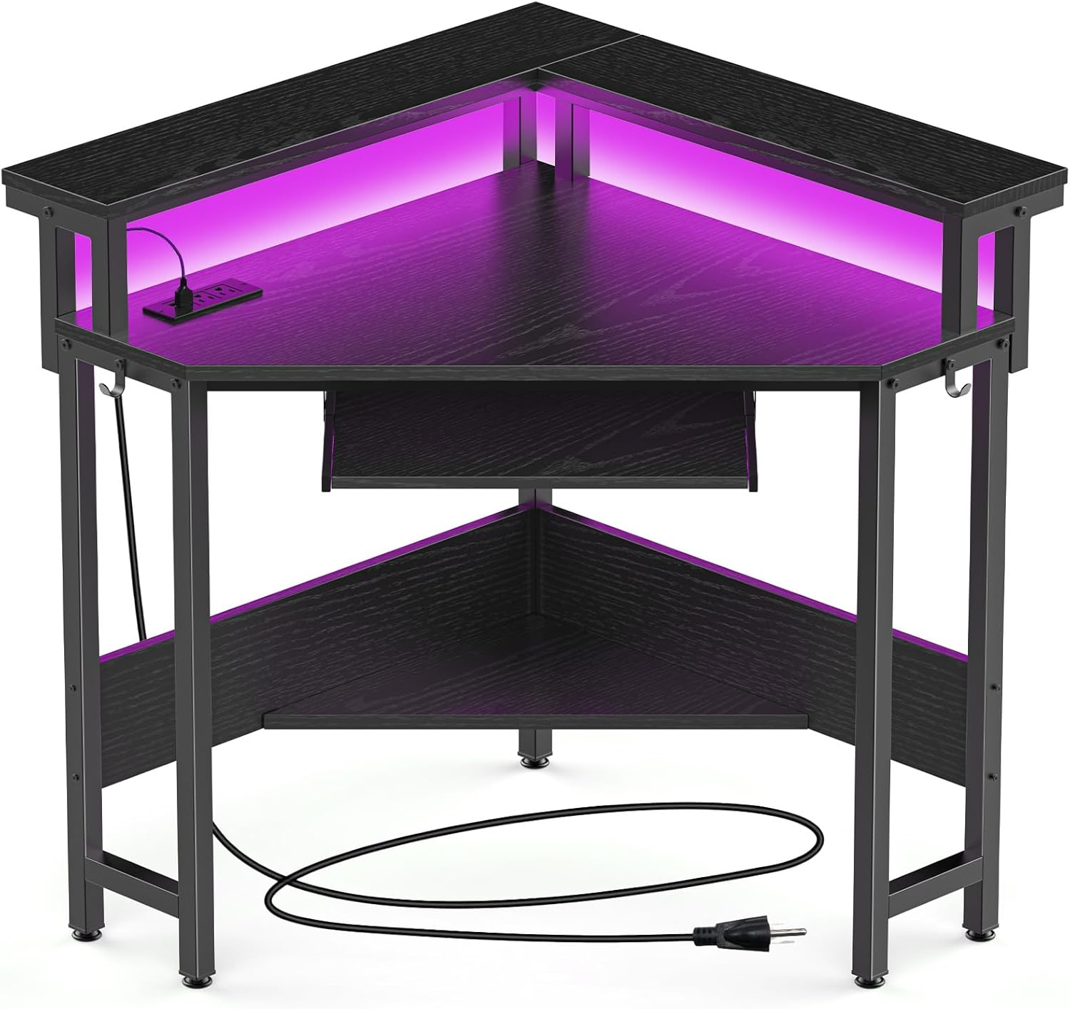 Conner Desk Home Office Computer Desk for Small Space with LED Lights Gaming Table with Storage Shelves Power Outlets Monitor Stand Keyboard Tray for Bedroom, Black