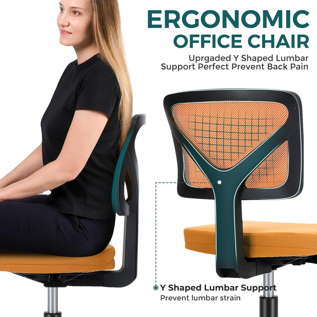 Armless Desk Chairs Set of 2, Ergonomic Adjustable Home Office Swivel Rolling Task Chair No Arms, Comfy Mesh Mid Back Computer Work Vanity Desk Chiars with Wheels for Small Spaces, New Orange