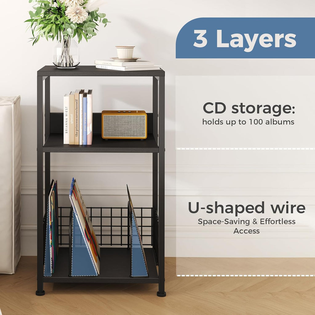 3 Tier Side Table, 2 Pack Record Player Stand with Storage Up to 100 Albums,Turntable Stand for Vinyl, Black Records Shelf for Living Room Bedroom