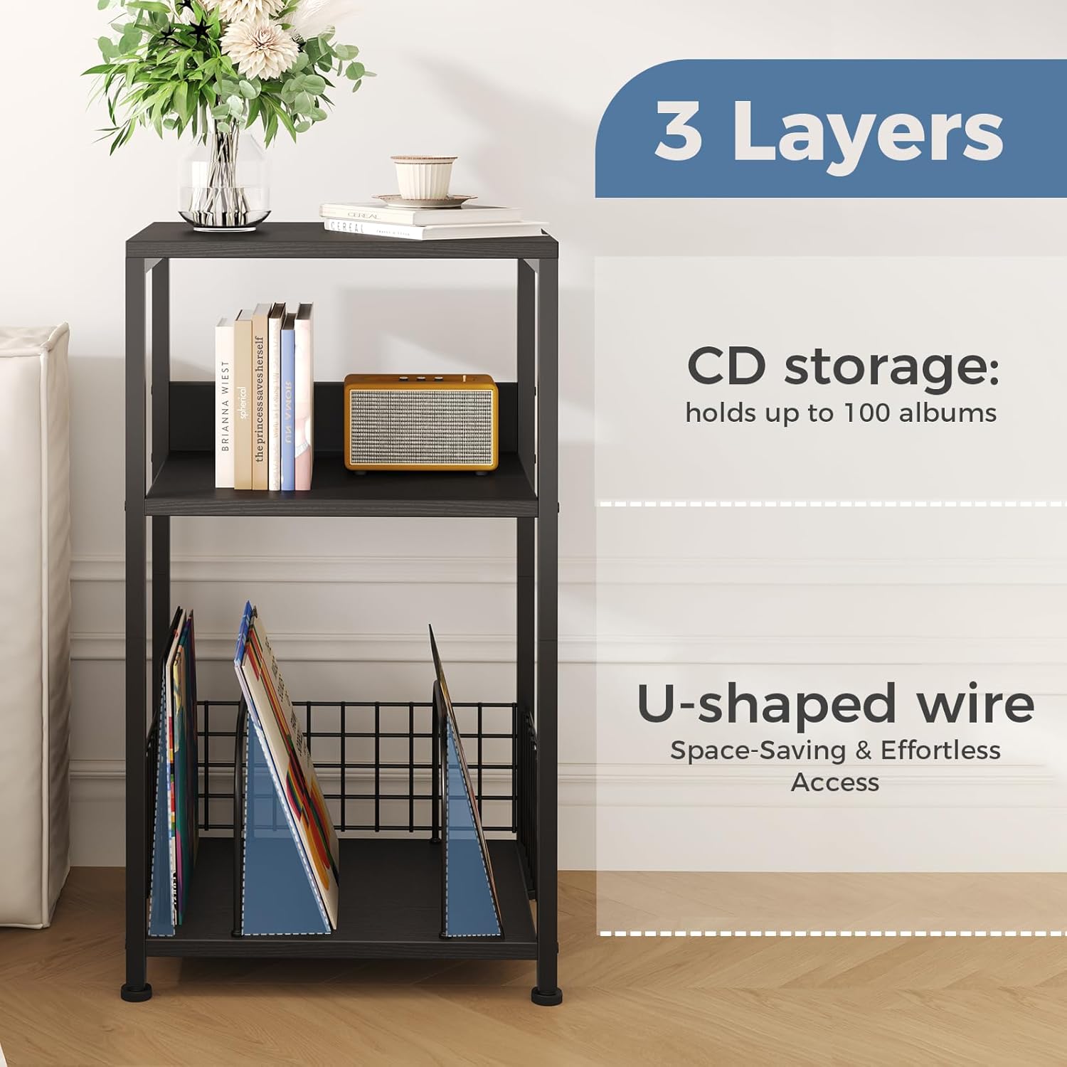 3 Tier Side Table, 2 Pack Record Player Stand with Storage Up to 100 Albums,Turntable Stand for Vinyl, Black Records Shelf for Living Room Bedroom