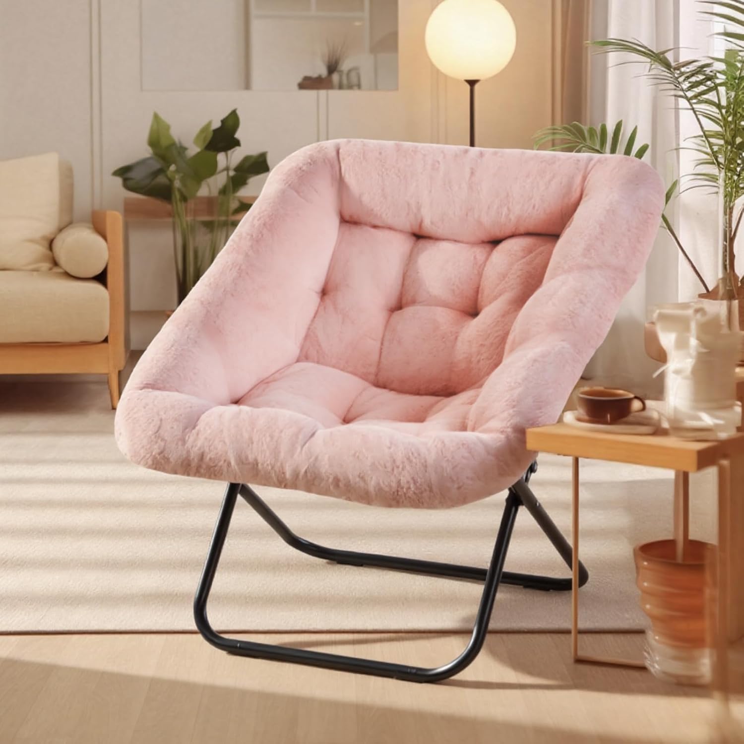 Comfy Saucer Chair, Faux Fur Lounge Seasting XL Circle Chair for Bedroom, Dorm & Gaming, Foldable Fashion Accent Seat for Small Spaces, Folding Moon/Mushroom/Round Oversized Style