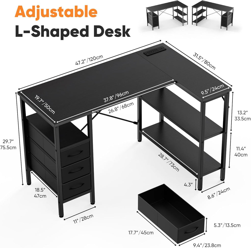 L Shaped Desk with Shelf Drawers 47 Inch, Black Corner Computer Desks Gaming with Power Outlet, Study Table with Adjustable Shelves, Home Office Tables for Bedroom Teacher Reading Writing