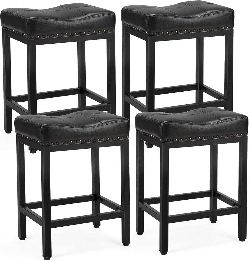 24 Inch Saddle Bar Stools Set of 4, Counter Height Stools with Curved PU Leather Surface, 3.7 Thick Upholstery Bar Height Stools with Footrest for Kitchen Island, Dining, Cafe, Classic Black