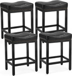 24 Inch Saddle Bar Stools Set of 4, Counter Height Stools with Curved PU Leather Surface, 3.7 Thick Upholstery Bar Height Stools with Footrest for Kitchen Island, Dining, Cafe, Classic Black