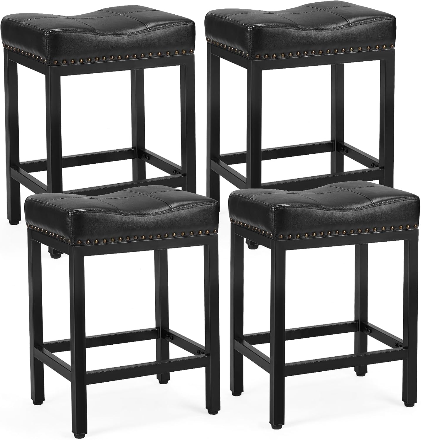 24 Inch Saddle Bar Stools Set of 4, Counter Height Stools with Curved PU Leather Surface, 3.7 Thick Upholstery Bar Height Stools with Footrest for Kitchen Island, Dining, Cafe, Classic Black