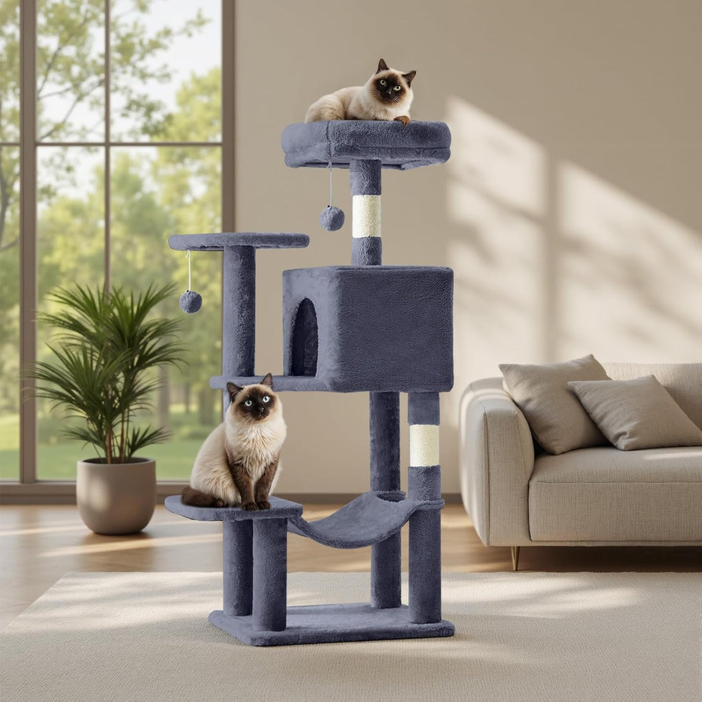 Small 44 Inch Cat Tree Tower, Cat Climbing Tower with Natural Sisal Scratching Posts, Hammock, Pet Condo for Indoor Cats and Kittens Play, Dark Grey