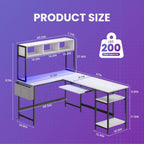 L Shaped Gaming Desk 67, Reversible Computer Desk with LED Lights, Corner Desk for Small Spaces with Keyboard Tray & Storage Shelf, Metal Frame PC Gaming Table for Home Office Bedroom, White