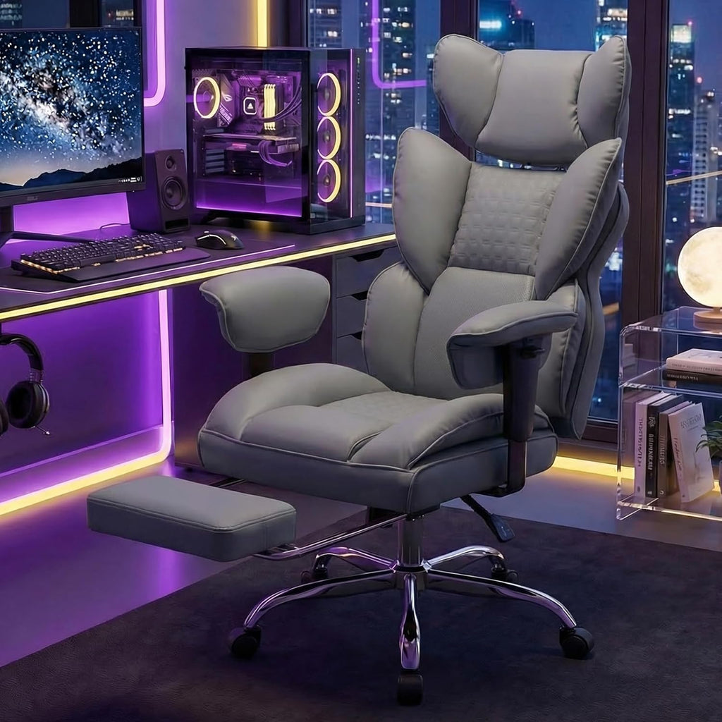 Big and Tall Home Office Desk Chair, Gaming Computer Chair, Executive Ergonomic Chair with Footrest, High Back Reclining, Adjustable Armrests and Comfy Lumbar Support, PU Leather, Grey