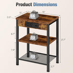 15.7 Small Side Table with Charging Station, End Table with Outlets & USB Ports, 3-Tier Adjustable Storage Nightstand for Living Room, Bedroom, Small Spaces, Record Player Stand, Rustic Brown