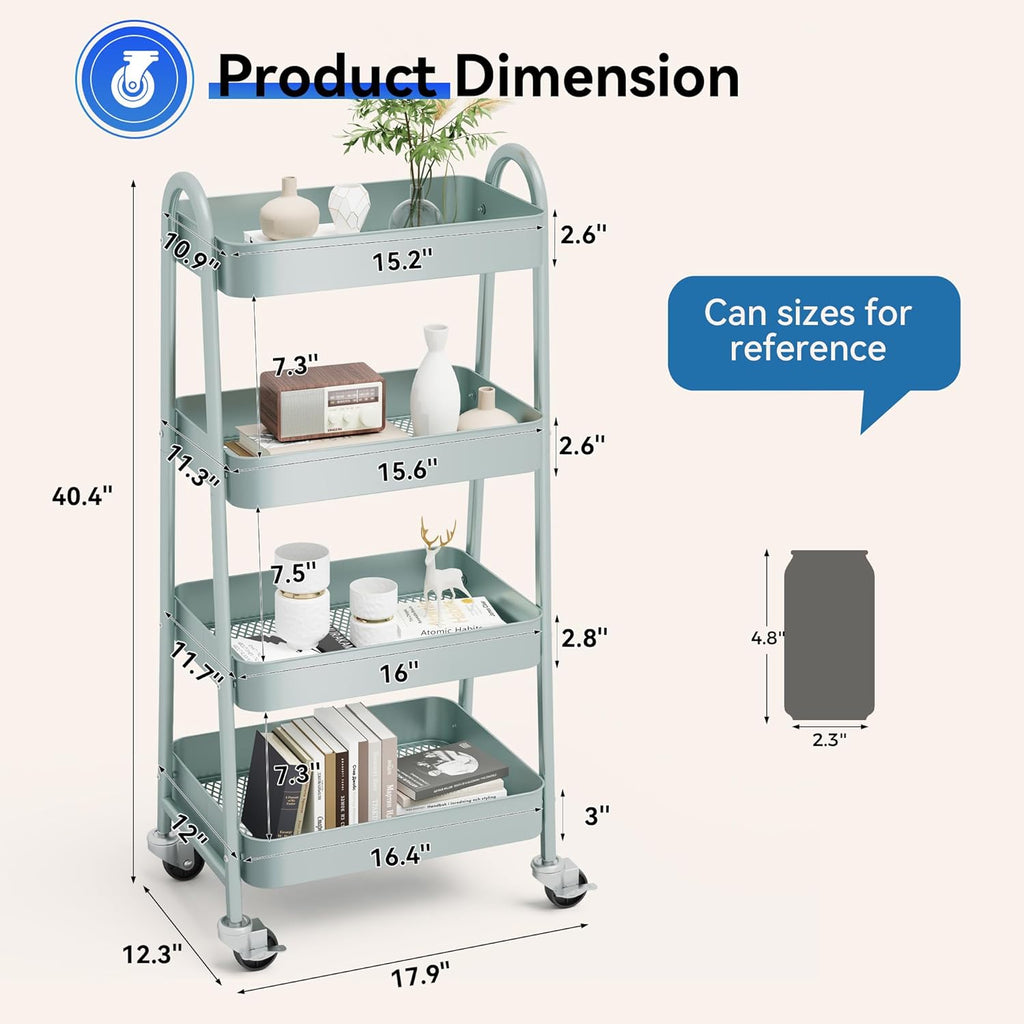 4-Tier Metal Rolling Cart with Lockable Wheels - Mobile Storage Organizer, Utility Shelving Unit for Kitchen, Office, Bathroom, Laundry, Narrow Places, Green