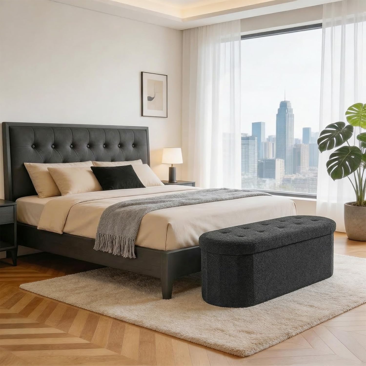 43 inches Folding Storage Ottoman Bench, Oval Round Ottoman End of Bed Foot Rest Bench Stool with Cushion, Storage Chest for Bedroom, Living Room, Entryway, Black