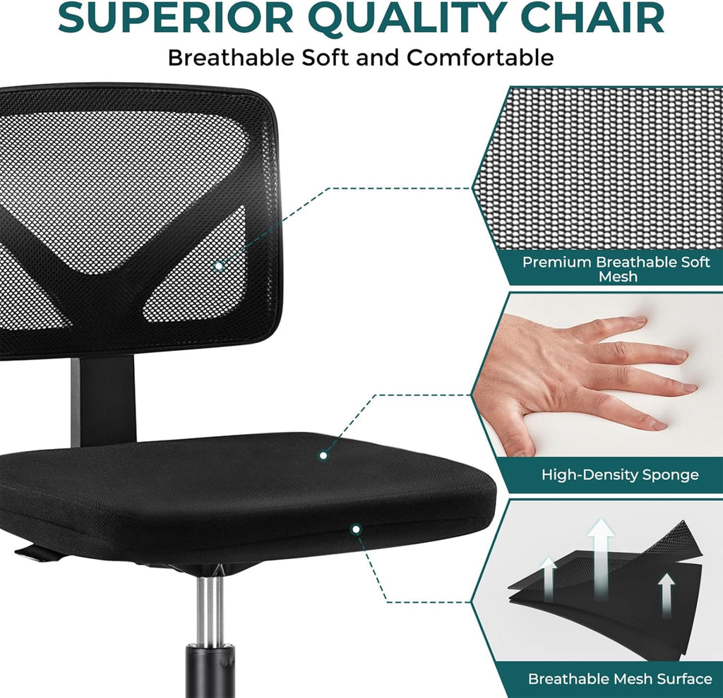 Armless Office Chairs with Wheels, Ergonomic Adjustable Home Desk Swivel Rolling Task Chair No Arms, Comfy Mesh Mid Back Computer Work Vanity Desk Chairs for Small Spaces, New Black