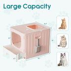 Cat Litter Box with Lid, Large Foldable Cat Box with Litter Scoop, Front Entry Top Exit Kitty Litter Box with Door, Easy Cleaning Drawer Design Odor Control, Pink