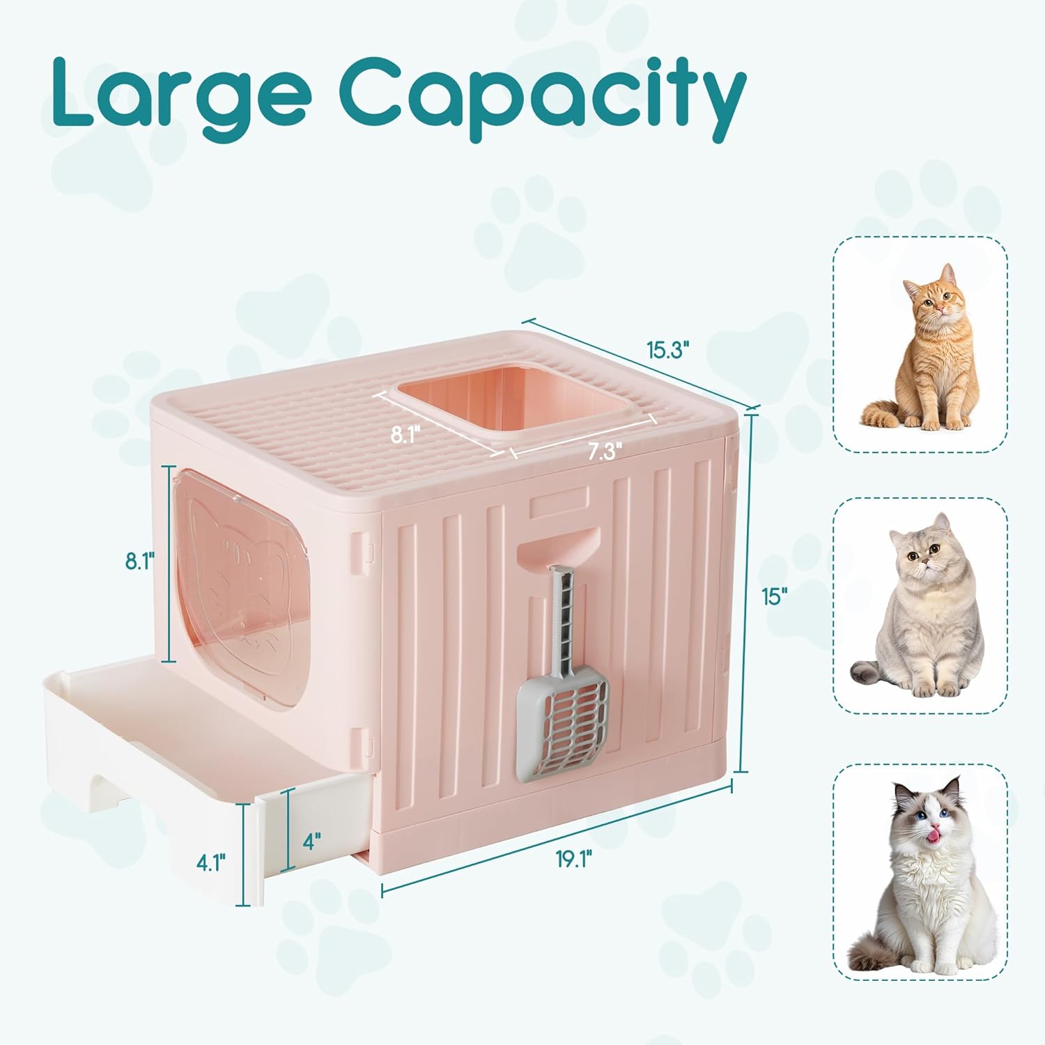 Cat Litter Box with Lid, Large Foldable Cat Box with Litter Scoop, Front Entry Top Exit Kitty Litter Box with Door, Easy Cleaning Drawer Design Odor Control, Pink