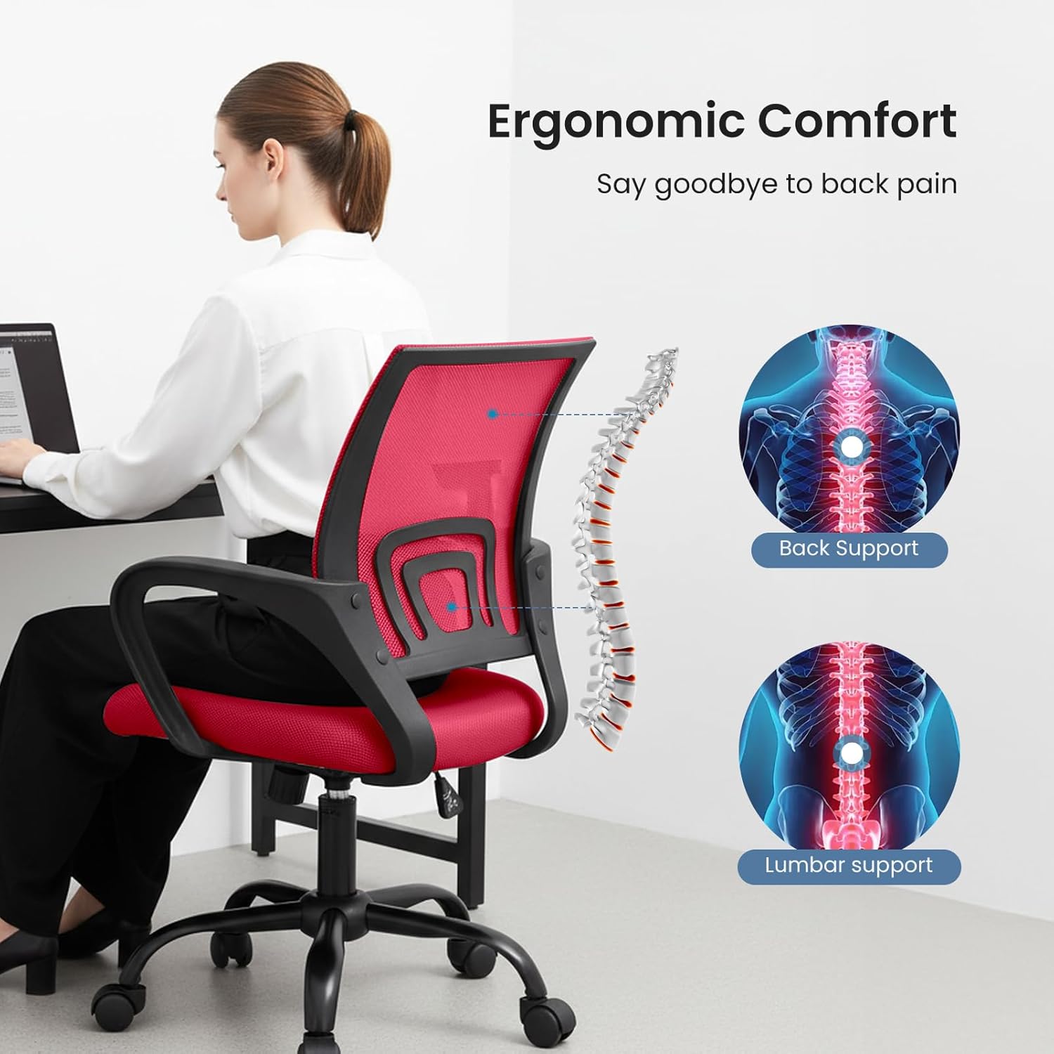 Office Desk Chair - Ergonomic Mid Back with Lumbar Support & Rocking Mode, Height Adjustable with Fixed Armrest, for Home, Computer, Gaming, Conference, Meeting Room, 360?? Swivel, Red, 2 Pack