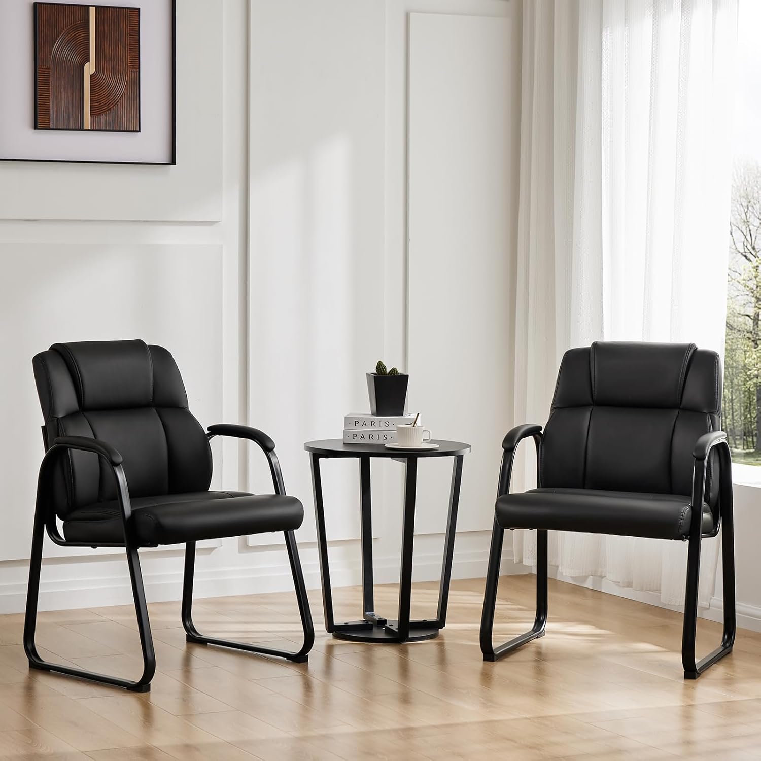 Waiting Room Guest Chair Set of 4, Stationary Office Reception Chairs No Wheel, Comfy Padded Arms and Seld Base, for Conference Room Lobby Home Computer Desk Bedroom Elderly, Deep Black