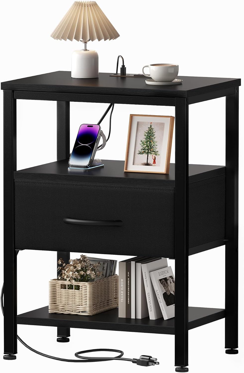 Nightstand with Charging Station, 3-Drawer Bedside Table with USB Ports & Type-C, Bedroom Night Stand with Fabric Drawers and Open Shelf, Tall Narrow End Table for Small Bedroom, Rustic Brown