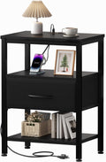Nightstand with Charging Station, Bedside Tables with USB Ports and Fabric Drawer, Small Night Stand with Open Adjustable Shelf, Compact End Table for Bedroom, Black