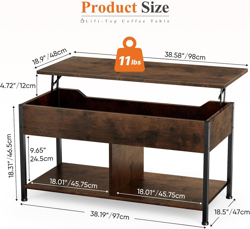 Lift Top Coffee Table with Storage 39 Center Table with Hidden Compartment & 2 Shelves Farmhouse, Wood Coffee Table for Living Room with Sturdy Lift-Top Adjustable Feet Brown