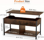 Lift Top Coffee Table with Storage 39 Center Table with Hidden Compartment & 2 Shelves Farmhouse, Wood Coffee Table for Living Room with Sturdy Lift-Top Adjustable Feet Brown