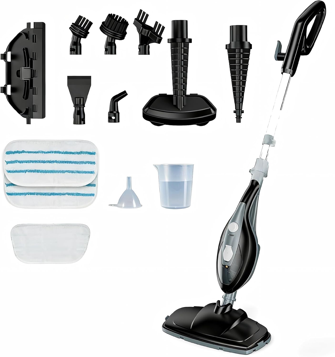 10-in-1 Steam Mop, 1550W Detachable Handheld Steam Cleaner for Floor Cleaning, 16FT Cord, 2 Washable Pads, Multi-Purpose Floor Steamer for Hardwood, Carpet, Tile, Grout, Windows, Black Grey
