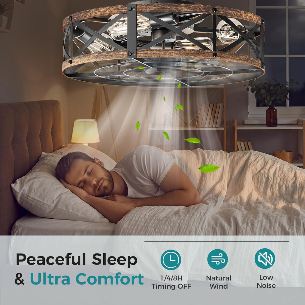 Ceiling Fans with Remote, Farmhouse Ceiling Fan, 19 Inch Low Profile Caged Fandelier, Flush Mount with 6 Wind Speeds, for Bedroom, Kitchen, Living Room, Bulbs Not Included, Gold