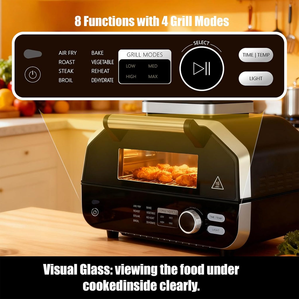 Electric Grill Outdoor/Indoor, 8-in-1 Multifunctional Large Electric BBQ Grill for Air Fry, Bake, Roast, Steak, Broil and Dehydrate, Safe Non-Stick Coating, Fry Basket Included