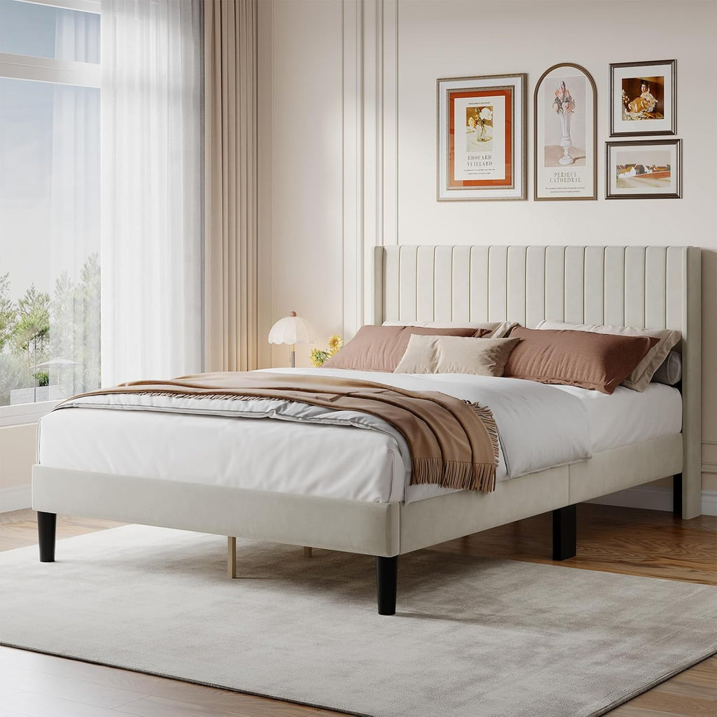 Twin Size Bed Frame with Modern Fabric Upholstered Wingback Headboard & Wooden Slats, 500lbs Capacity, No Box Spring Needed, Easy Assembly Upholstered Platform Bed, Beige