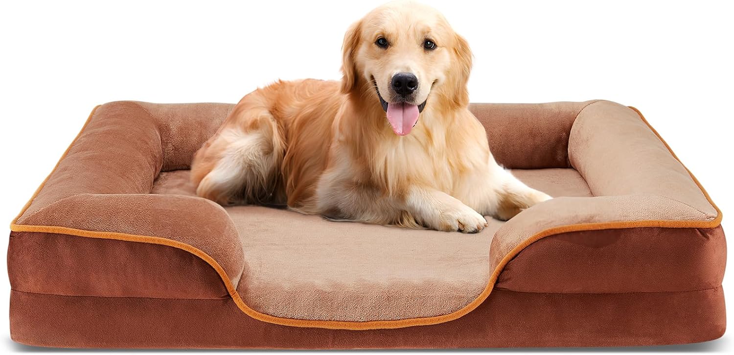35x25 Inch Orthopedic Dog Beds for Large Sized Dogs, Machine Washable Cover Pet Bed, Anti-Slip Waterproof Memory Foam Couch Bed for Indoor Dogs and Cats, Brown