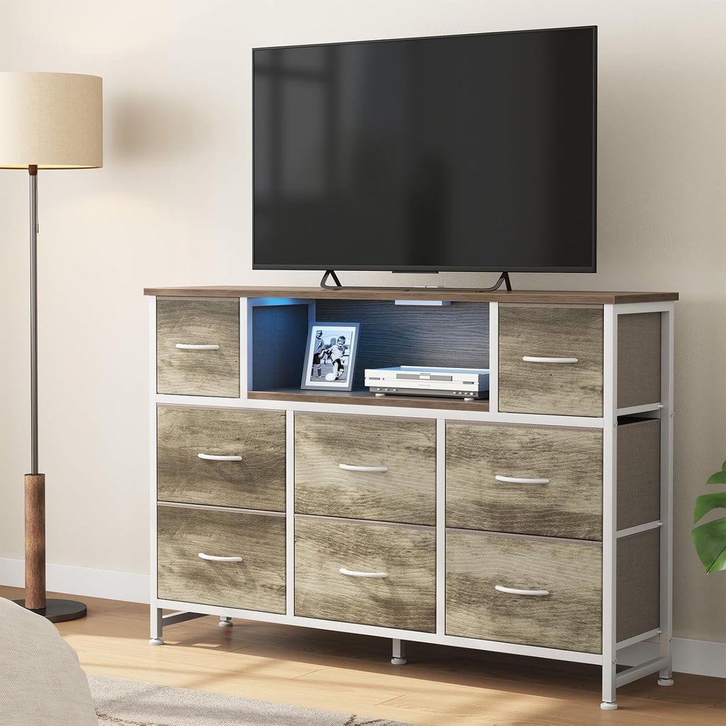 TV Stand Dresser with 8 Fabric Drawers and Open Shelves, LED Entertainment Center with Charging Station, Wood Top Media Console for 45-55 inch, Bedroom, Greige Oak