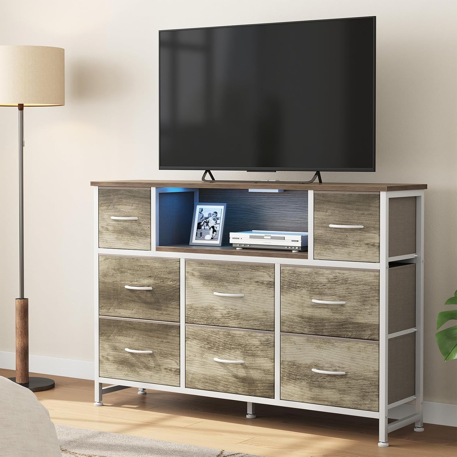 TV Stand Dresser with 8 Fabric Drawers and Open Shelves, LED Entertainment Center with Charging Station, Wood Top Media Console for 45-55 inch, Bedroom, Greige Oak