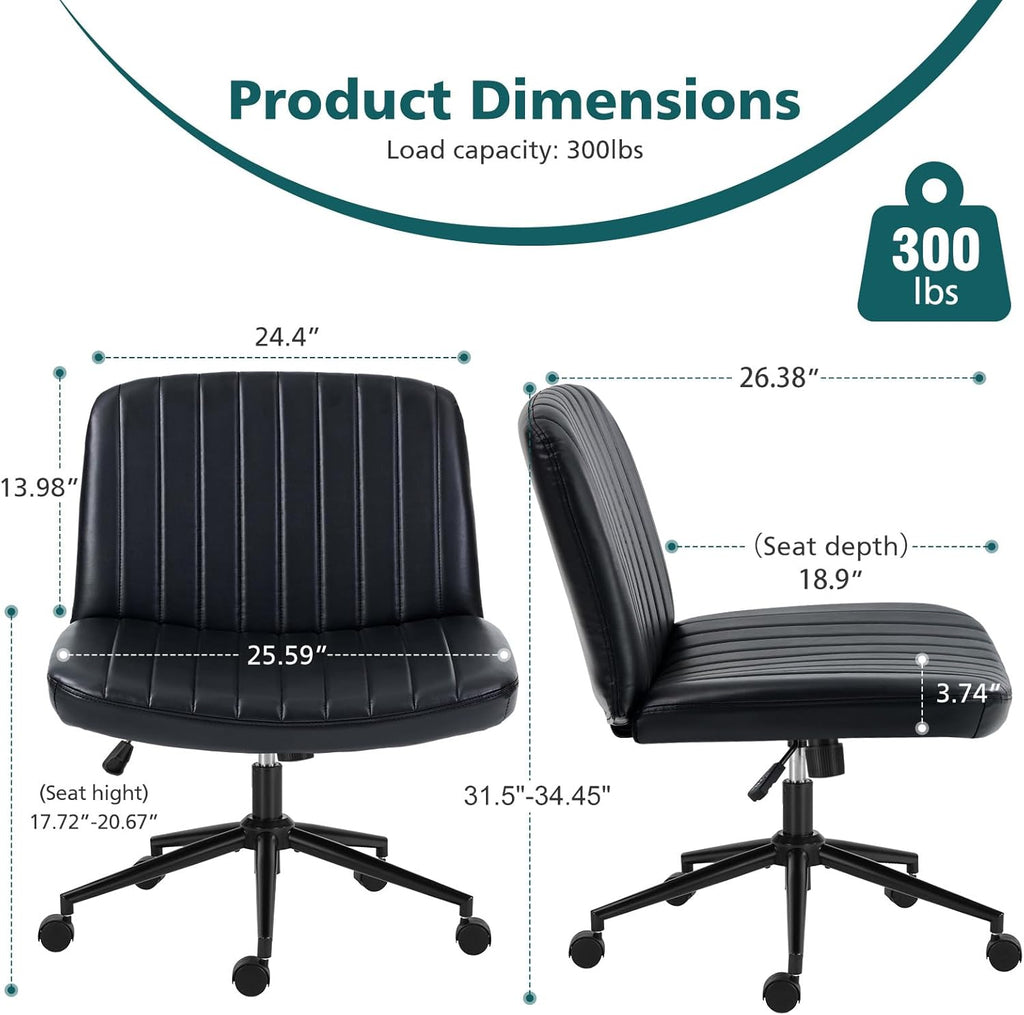 Criss Cross Chair with Wheels Wide Cross Legged Office Desk Vanity Chair Comfy Fabric Armless Adjustable Swivel for Home Computer Task PU Black