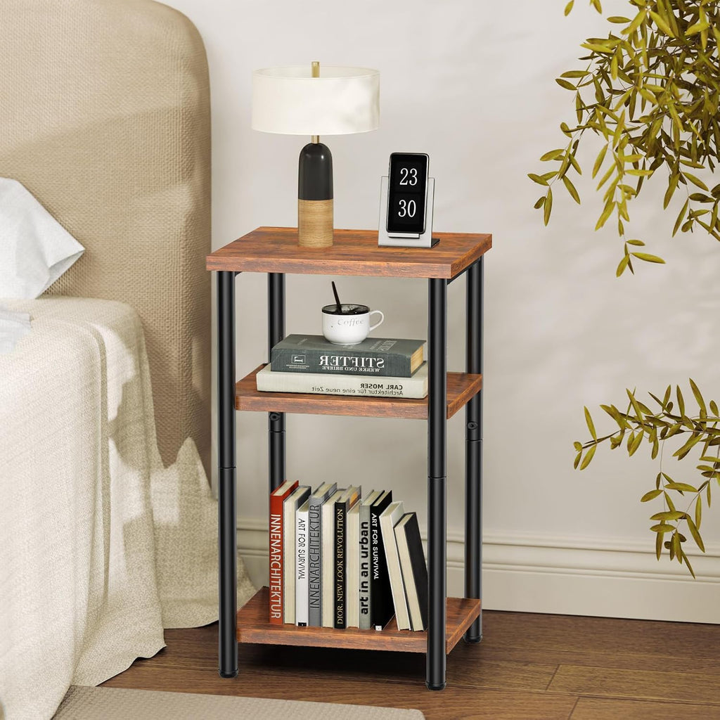 3 Tier End Table for Small Space, Side Sofa Tables Storage Shelf, Nightstand with Adjustable Feet for Living Room, Bedroom, Office, Set of 2, Rustic Brown