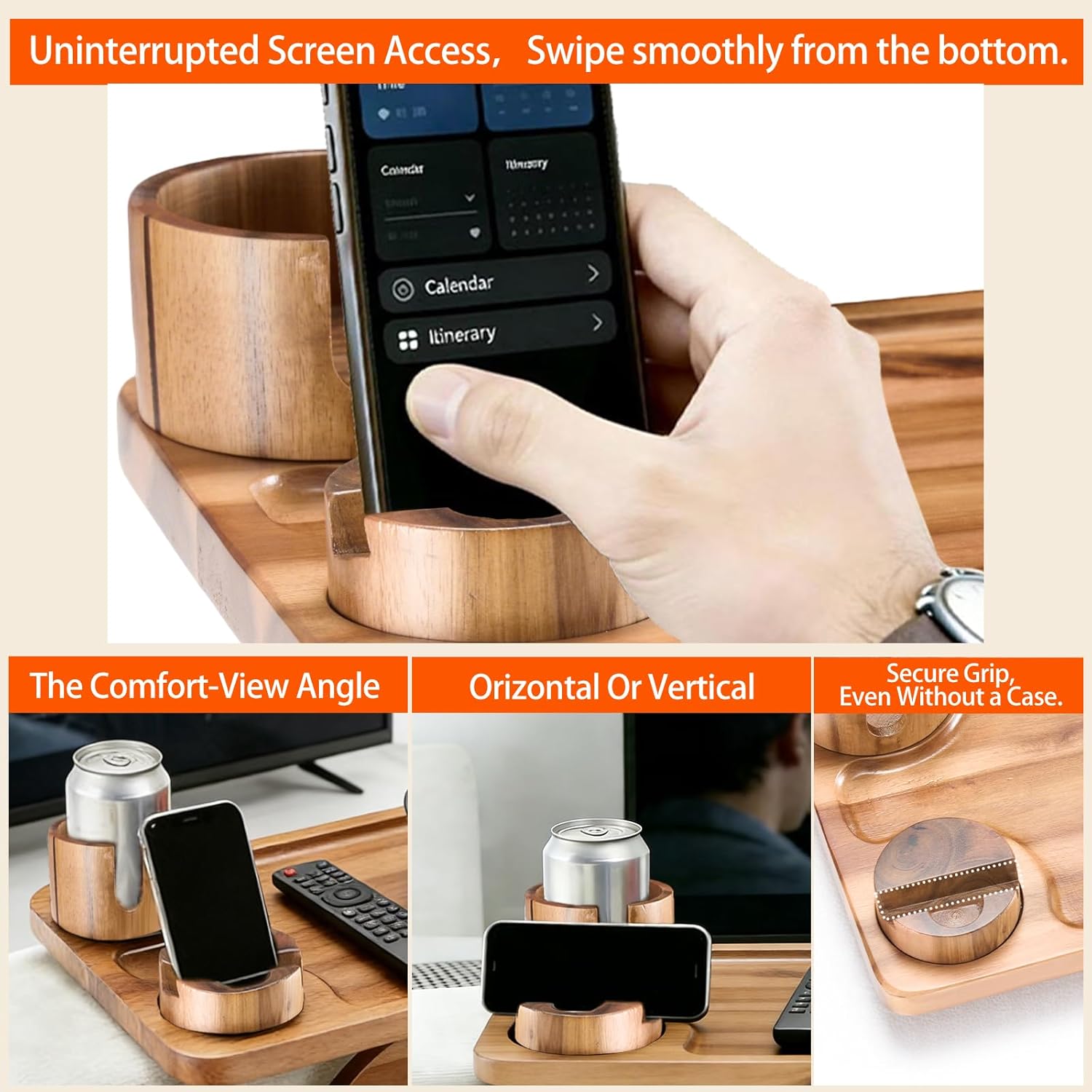 Couch Arm Tray, 3 in 1 Clip on Sofa Arm Tray with 360?? Rotating Phone Holder, Foldable Couch Armrest Table for Drinks & Snacks, Brown