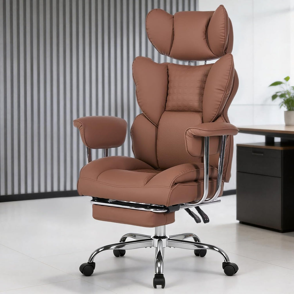 Big and Tall Office Chair 350 LBS, Scratch-Resistant PU Leather Executive Office Desk Chair with Footrest, Ergonomic Reclining Computer Chair with Pocket Spring Support for Home Office, Brown