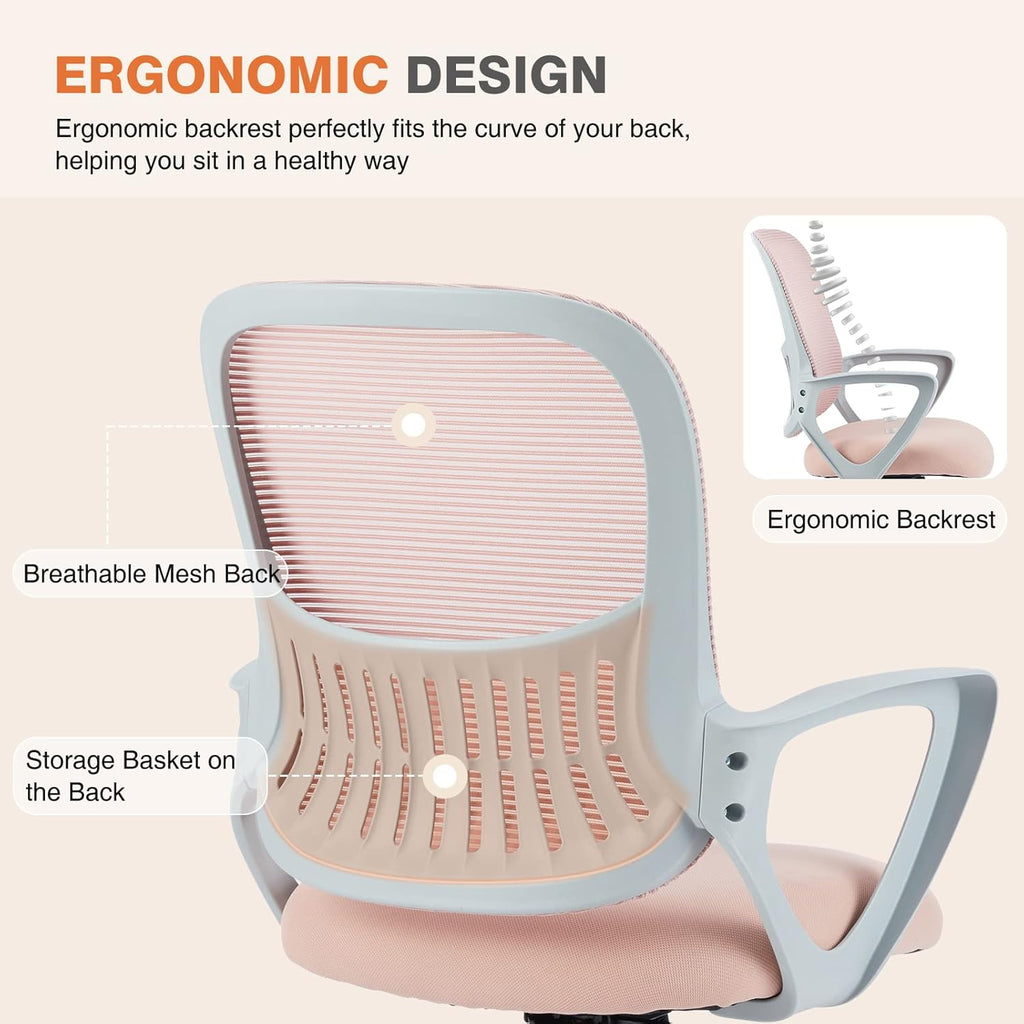 Ergonomic Mid-Back Mesh Home Office Desk Chair with Wheels, Lumbar Support, and Comfortable Armrests for Home, Bedroom, Study, Office