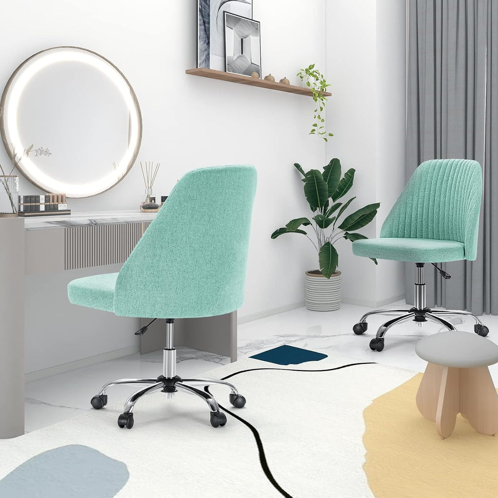 Armless Vanity Chair, Cute Comfy Home Office Desk Chair with Wheels, Modern Upholstered Task Computer Seat for Bedroom, Study, Makeup Vanity, Height Adjustable & Swivel, Mint