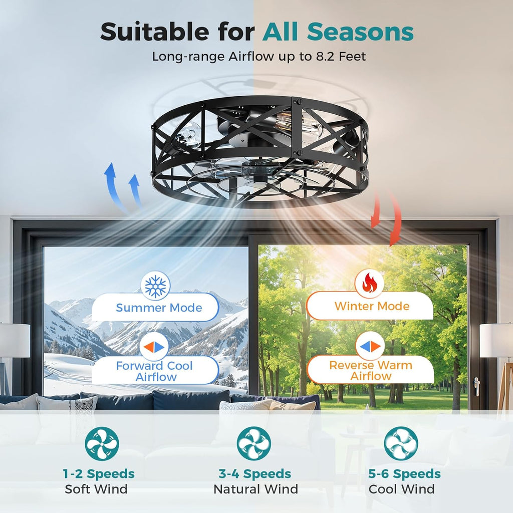Ceiling Fans with Remote, Farmhouse Ceiling Fan, 19 Inch Low Profile Caged Fandelier, Flush Mount with 6 Wind Speeds, for Bedroom, Kitchen, Living Room, Bulbs Not Included, Black