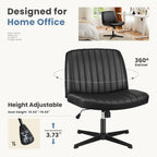 Criss Cross Legged Chair Wide Comfy Home Office Desk Seat, No Wheels Armless Computer Task Seating, Swivel Vanity Chair Height Adjustable for Makeup Bedroom, Leather Black