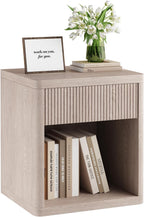 22.7 Modern Night Stand with Drawer and Open Shelf, Mid Century Bedside Table for Bedroom, Wood End Table with Fluted Front, Sturdy Compact Sofa Side Table, White Oak