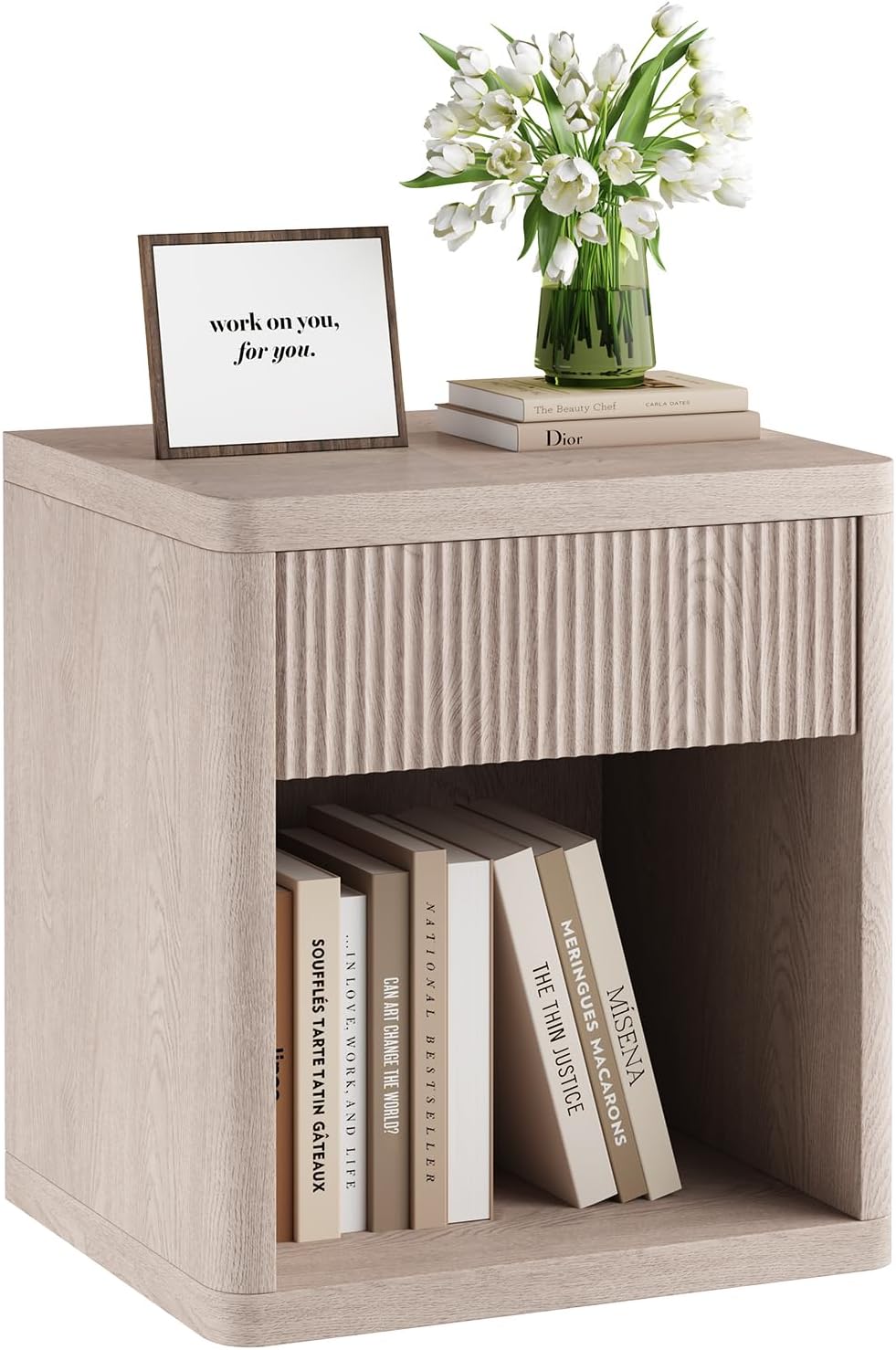 Night Stand with Charging Station, 18 Bedside Table with 2 Drawers, Modern Fluted Wood End Table with 2 AC Outlet 1 USB 1 Type-C, Mid Century Nightstand for Bedroom