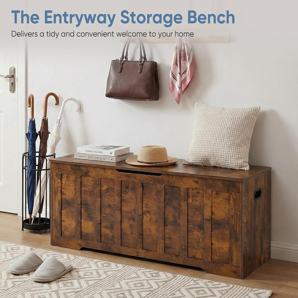 47.2 Extra Large Storage Bench with 2 Safety Gel-Buffered Hinges, Blanket Chest for Bedroom Living Room, Support 150lbs, 2 U-Shaped Cut-Out Pull, Non-Slip Base, Rustic Wood