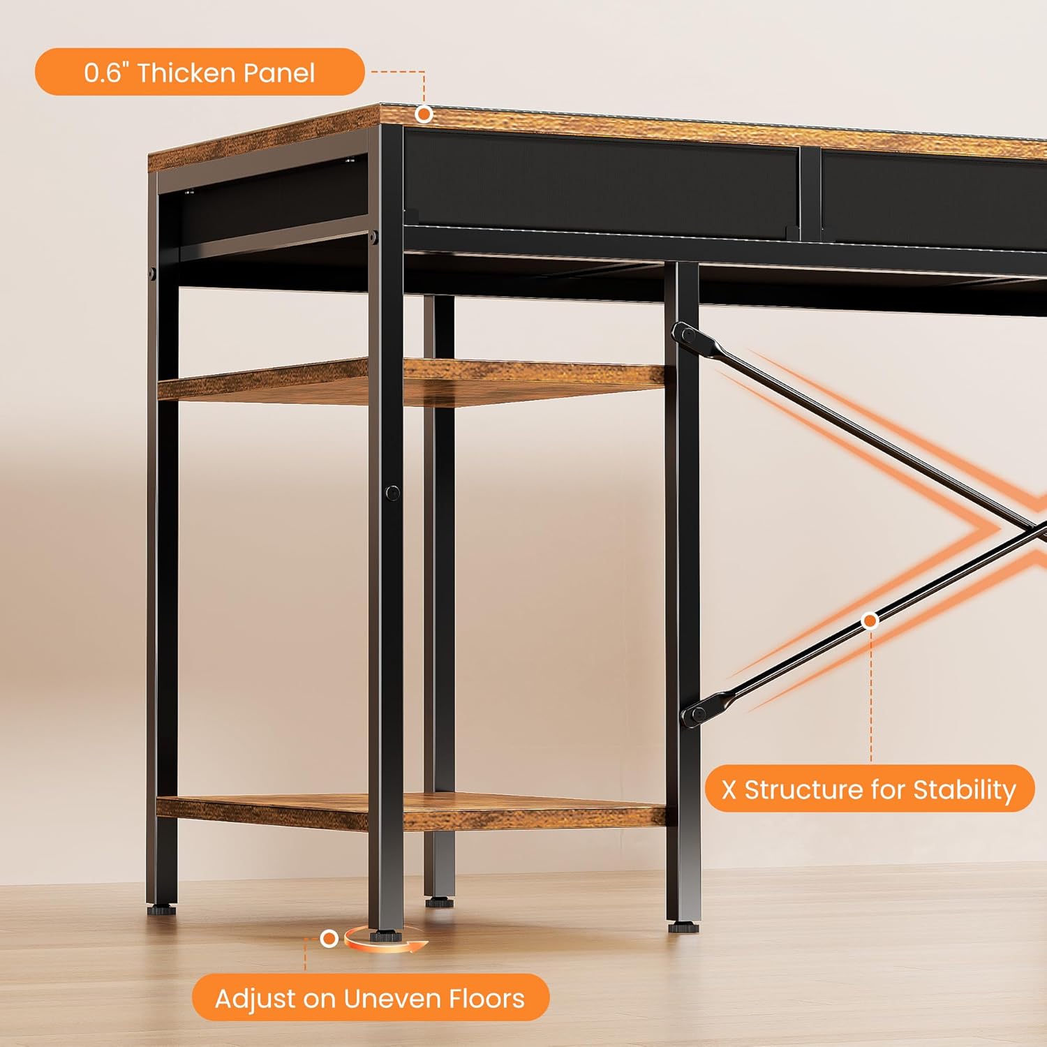 47 Computer Desk with 6 Drawers, Home Office Gaming Desks with Storage Shelves for Bedroom, Writing Study Corner Living Room Work Table Rustic Brown