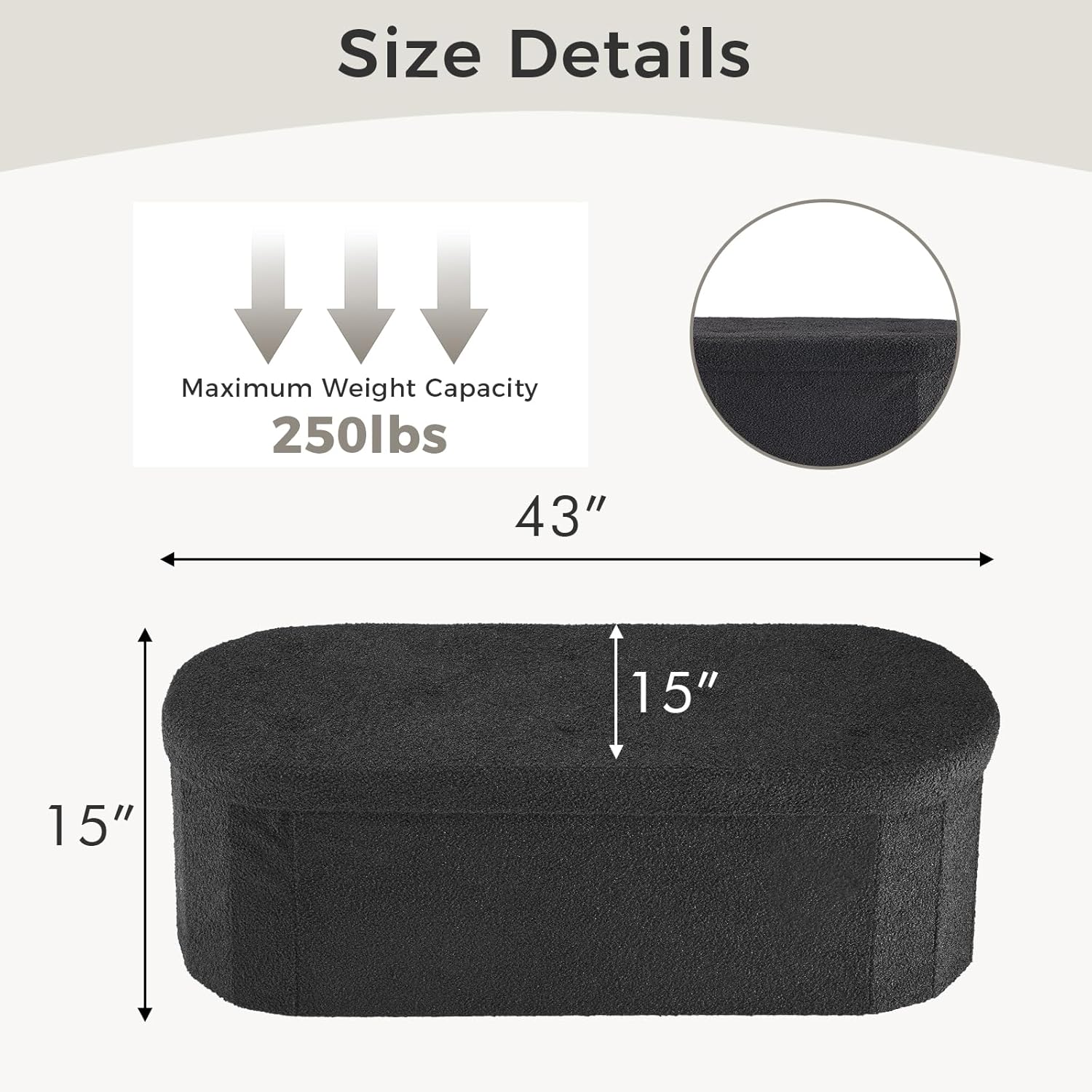 43 inches Folding Storage Ottoman Bench, Oval Round Ottoman End of Bed Foot Rest Bench Stool with Cushion, Storage Chest for Bedroom, Living Room, Entryway, Black